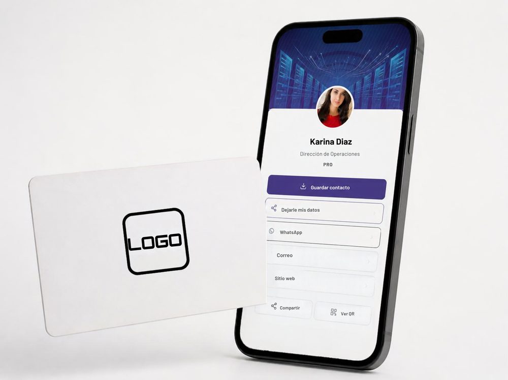 Una tarjeta NFC con un logo, junto a un teléfono que abre el perfil de un negocio